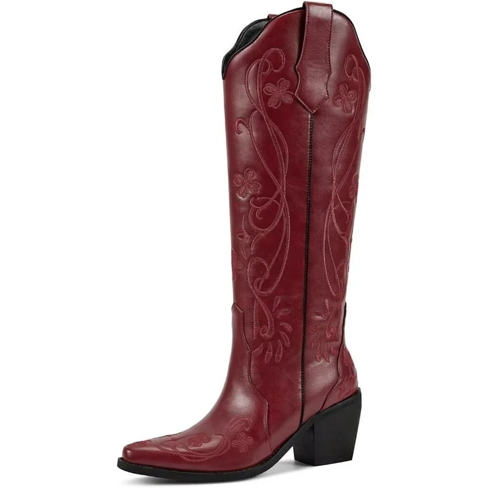 🆕Women Faux Leather Passion Red Floral Embroidered Chunky Heel Pointed Toe Boot